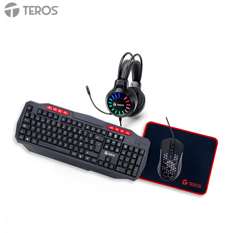 Combo Kit 4 en 1 teclado, mouse, audífonos y mouse pad TEROS TE-5014S, USB, RGB, Óptico